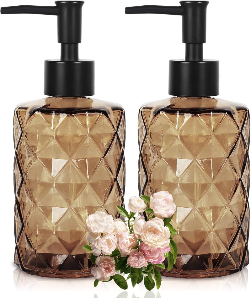 Ulable Dark Brown Glass Soap Dispenser with Pump, 12oz Diamond Design Hand Soap Dispenser, Refillable Lotion Dispenser & Dish Dispenser, Bathroom Dispenser for Dishwashing Liquid, Shower Gel - Image 1